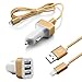 Produktbild 1m Lightning Ladekabel mit Kfz Adapter / 3 fach - 2.1A 2.0A und 1.0A Anschluss / 12V PKW Auto Ladeadapter für Zigarettenanzünder mit Nylon Kabel für Apple iPhone X / 8 Plus / SE / 7 Plus / 6 6s Plus / 5 5s 5c | iPod Nano | iPad + Mini in Gold