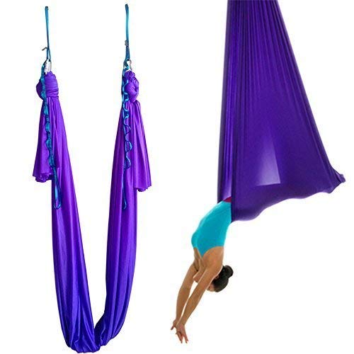 Hamaca elástica para pilates y yoga aéreo, de Wellsem®. Con mosquetón y cadena margarita. 5 m, Depp Purple