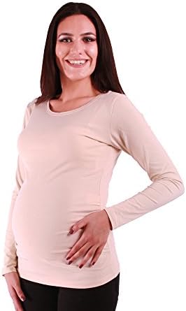M.M.C. Basic Maternity Long Sleeve Top Pregnancy Blouse in trendy colors (Beige, Medium)