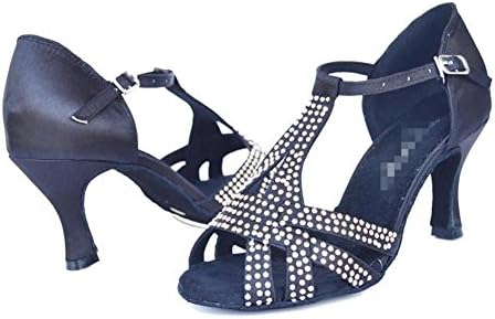 Byjia Women Sandals Salsa Latin Tango Ballroom High Heel Diamond Satin Leather Suede Soft Soles Buckle Dance Shoes Black C 38