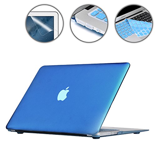 i-Buy Harte Schutzhülle Hülle für Apple Macbook Air 13.3 Zoll + Schutzfolie + Silikon Tastaturschutz + Anti-Staub-Stecker - Metallischen Blau