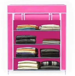 RAXON WORLD - Collapsible Wardrobe/cloth stand/storage organizer for clothes for kids and women/utility organizer racks and shelves with door cover/bedroom organiser/ 4Layer (Pink)