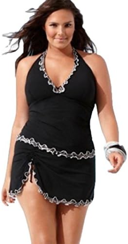 LILICAT Women Swimwear, Ladies Polka Bikini Dress Plus Size Women Push-up One-Piece Swim Dress Bikini Swimwear Tankini Retro Beachwear Halterneck Swimsuit With Boyshort (Black, Size:L5)