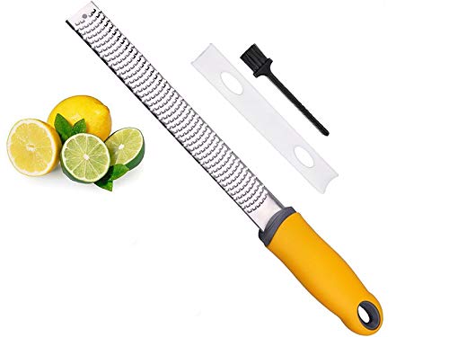 Rallador de limón de acero inoxidable multiusos + cepillo de limpieza, mango naranja, rallador de queso cítrico, herramienta de trituradora de queso, cubierta protectora de goma antideslizante