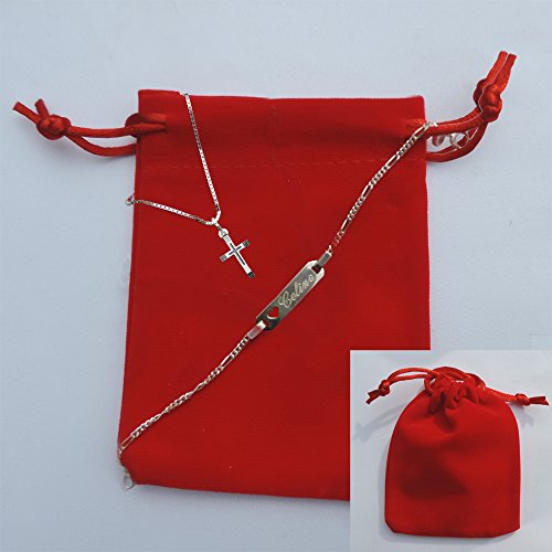 Taufset : Anhänger Kreuz mit Venezianer-Kette + Babyarmband – Taufarmband ID mit kostenloser- Gravur 13 – 15 cm: Figaro-Glieder. Beide Teile Sterling Silber 925 gestempelt - 4