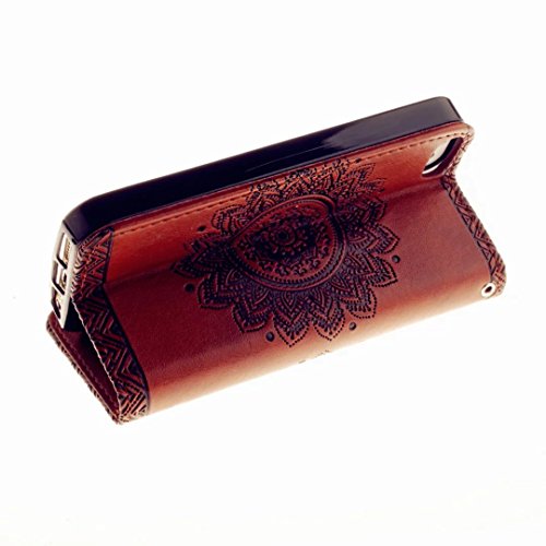 iPhone SE Hülle, iPhone 5 5S Schutzhülle, MUTOUREN für iPhone SE 5 5S Handyhülle Brieftasche Gürtelhändytasche Bookstyle Wallet Flip Case Lederhülle mit Standfunktion Kartenfach Magnetic lock Ultra dünn Wallet Case Geprägtes Muster Henna Indische Sonne Mandala Rraun + Stylus Pen - 6