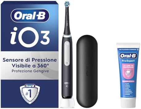 Oral-B Spazzolino Elettrico Ricaricabile iO 3 Nero, 1 Spazzolino Elettrico, 1 Testina Di Ricambio, Custodia Da Viaggio + Dentifricio Oral-B Pro-Expert Sensibilità, Pulizia Denti Efficace