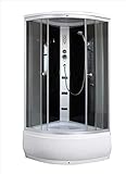 Descripción de la bañera y ducha. Dimensiones: 80 x 80 x 215 cm. Altura interior: 195 cm. Puertas correderas, pared de cristal templado transparente de 5 mm. Plafón empotrado, ducha de mano, grifo mezclador, pantalla de control (radio FM, teléfono), estantes de cristal, toallero de 45 cm.