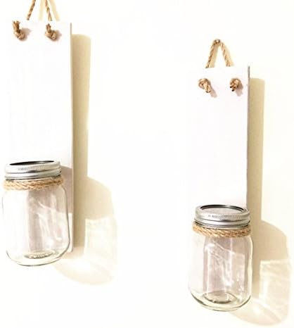 loveyourlife Set of Two Mason Jar Wall Sconces With Hydrangeas, Rustic Home Decor Rustic Wedding Gift, White Wood Wall Candle Holders, Haning Wall Sconce (Without flower)