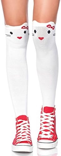 Ladies White Knee High Socks Hosiery Red Love Hearts Kitten Goodbye Kitten Cat Fancy Dress Funky Punk Rock Emo (One Size fits Most)