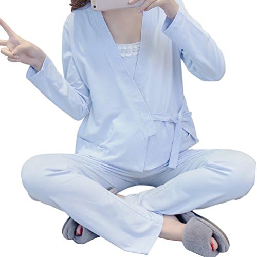 Anguang Women Pajama Set Of 3PCS Bandage Pregnancy Suit Maternity Nursing Breastfeeding Lace Underwear Adjustable Pants Blue M