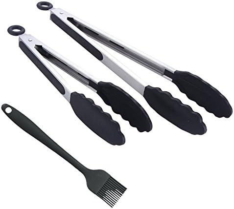 Kitchen Barbecue Tongs, Kitchen Tongs, Serving Tongs, Universal tongs made of high quality stainless steel and food grade silicone (set of 3 - 27cm &amp; 34cm) resistant to nudging and heat resistant with oil brush (Black)