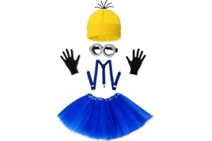 Fartoni Déguisement jaune d'Halloween pour adultes et enfants - 5 accessoires de cosplay : bonnet, lunettes, gants, bretelles - Idéal pour Halloween, carnaval