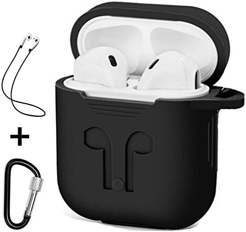 AirPods Silicone Case Shock Proof Protecitive Cover with Anti-lost Strap, Headphone Case for Apple AirPods (Black)