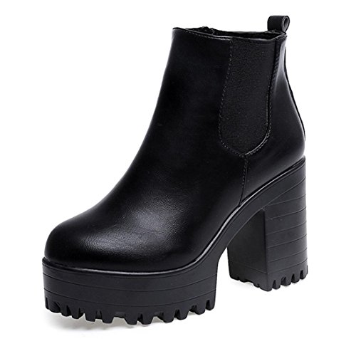Calzado de Mujer, Plataformas de tacón Cuadrado Cuero Muslo Alta Botas de la Bomba Zapatos (40, Negro)