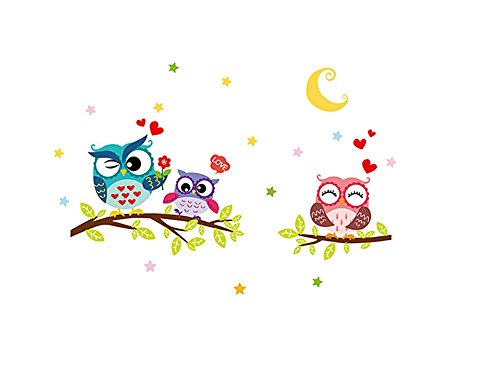 Extsud® 5 Stücke Wandaufkleber Karikatur DIY Wandsticker mit Eulen Äste und Blumen Mond Sterne, Owl Wandtattoo Wandbilder Wohndeko für Kinderzimmer Babyzimmer Jugendzimmer Wohnzimmer (Model 2)