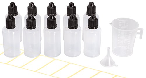 10x Tropfflasche 50ml mit gratis Trichter, Messbecher und Etiketten. Plastikflasche für E-Liquids und Flüssigkeiten