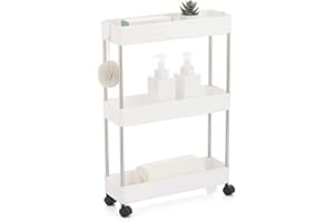 BAKAJI Carrello Carrellino Slim Stretto Sottile Salvaspazio Cucina Bagno Ripostiglio con Ripiani e 4 Ruote, Scaffale Portaoggetti Multiuso con Rotelle (3 Ripiani)