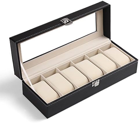 High Quality Watch Box Large 6 Grids Mens Black PU Leather Display Glass Top Jewelry Case Organizer Gift Box