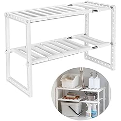 Qisiewell Etagere de Rangement sous Evier Rack Extensible Organisateur pour Cuisine Salle de Bain Chambre Salon Longueur Reglable 38-70cm,Capacite de Charge de 14 kg (Blanc)