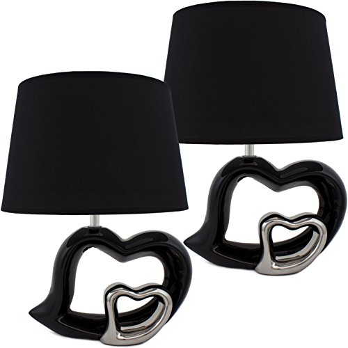Preisvergleich Produktbild BRUBAKER Doppelpack Tisch- oder Nachttischlampen Keramikfuß schwarz Hochglanz - Schirm schwarz - 37 cm Höhe