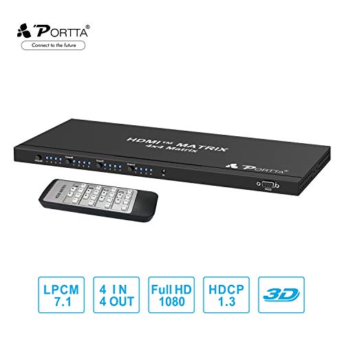 Portta HDMI Matrix 4x4 Splitter Switch 4 Puertos (4 Entradas 4 Salidas) Conmutador / Distribuidor HDMI 1.3b HDCP Soporte 1920x1080@60Hz RS232 y Control Remoto Para PS3 xbox360 Notebook HDTV