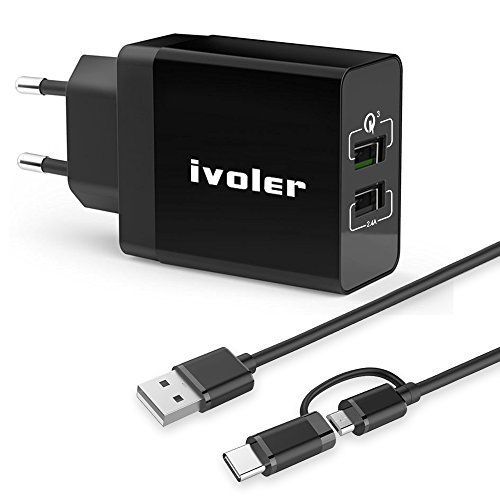 iVoler Quick Charge 3.0 Type C Cargador USB de 30W Carga Rápida [QC 3.0 Puerto Qsmart Puerto 5V/2.4A] con 2 en 1 Cable de Micro USB y Tipo C, Cargador Pared para Móvil, Tableta, etc. - Negro