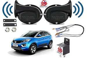SHOP4U Square Shape Car Windtone Horn with Raley and Wire for Tata Nexon (Set of 2 Horn with Relay and Wire, Black)