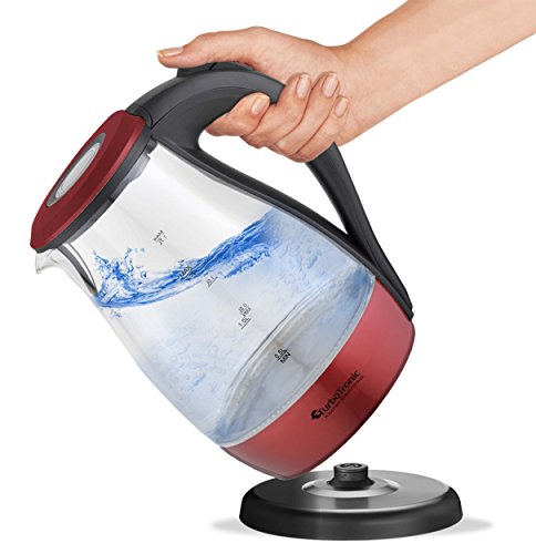 TurboTronic Glas Wasserkocher 1,7 Liter mit LED Beleuchtung Blau (innen) BPA Frei, Leistung: 2200 Watt, Farbe: Rot-Metallic, inklusive Kalkfilter am Ausguss und 360° Basis-Station (kabellos), Edelstahl Bodenplatte mit nicht sichtbaren Heizelement - 2