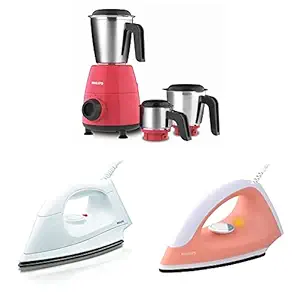 PHILIPS HL7505/02 500W Mixer Grinder, Red & GC097/50 750-Watt Dry Iron (Peach) & Plastic Body Ptfe Coating Dry Iron