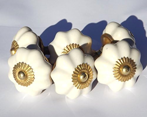 6 x Cream Flower (Brass Fittings) Ceramic Cupboard Door knob Drawer Pull Shabby Chic Handle Porcelain