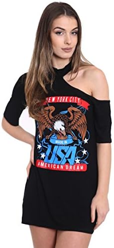 Ladies Graphic Short Sleeve Print Longline T Shirt Dress UK Size S/M &amp; M/L in black and Grey by Star Trendz (XS/S (UK 6-8), BLACK/RED-BLUE)