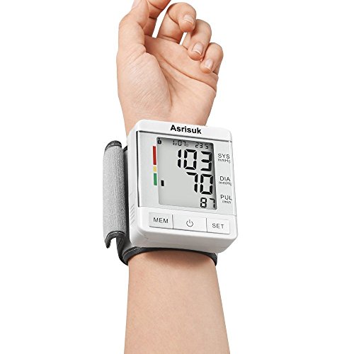 Preisvergleich Produktbild Asrisuk Blutdruckmessgerät mit Einstellbarer Handgelenk-Manschette Genaue Messwerte Pulsmessgerät Messwertspeicher für 2 Benutzer Großes LCD-Display Inkl. Aufbewahrungsbox