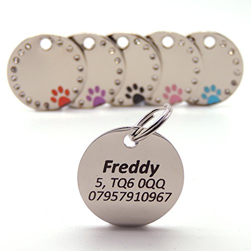 Personalised-Engraved-Pink-30mm-Diamante-Paw-Print-Tag-BOLD-BLACK-LETTERING-Dog-Cat-Pet-ID-Tags