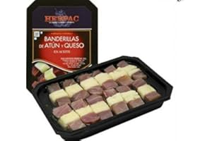 QUEJARA BANDERILLAS DE ATÚN Y QUESO 12 Unidades , pueden llegar a ser adictivas. Daditos de atún ahumado y queso conservadas en aceite.