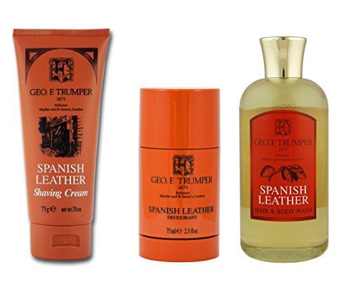 Geo F Trumper Spanish Leather Grooming Set Including Shaving Cream Tube, Deodorant Stick 75ml and Hair & Body Wash 200ml