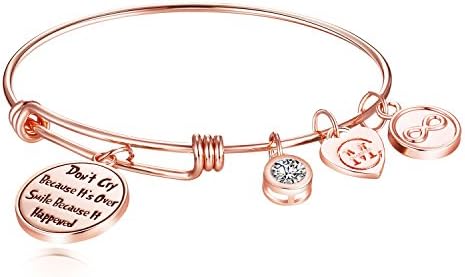Inspirational Charm Bangle Bracelet Engraved "Don't cry because it's over, smile because it happened" Motto Jewelry Gifts for Womens, Girls, Graduates, Students, Daughters, Granddaughters