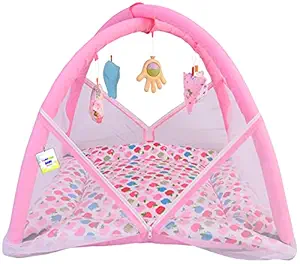 Toddylon New Born Baby Boys & Baby Girls Printed Bedding Set Play Gym Mosquito Net Bed with Hanging Toys & Pillow (0-6 Months Pink Dark Apple)