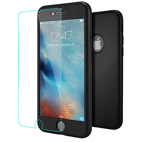 Coque iPhone 6 Noir , ivencase Coque iPhone 6S / 6 [ Anti-Choc ] Housse Etui TPU Silicone Couqe pour iPhone 6 / 6S Coque de Protection Avant + Protection Arrière + Verre Trempé de Protection avec Absorption de Choc Bumper et Anti-Scratch 