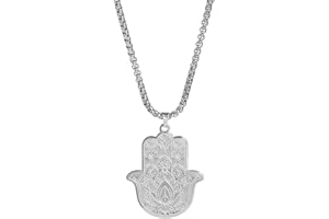 VASSAGO Hamsa Hand of Fatima Collana con ciondolo a forma di mano di Hamsa e malocchio Collana a mano Hamsa in acciaio inossidabile vintage con protezione amuleto buona fortuna, gioielli talismano, regali per uomini e donne
