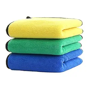 MAX Microfiber Cloth for Car Cleaning (800 GSM, Pack of 3, Size: 30 x 40 cm) Double Sided, Extra Thick Plush Towel for Car Detailing, Cleaning, Washing and Polishing, Color: Yellow, Blue, Green