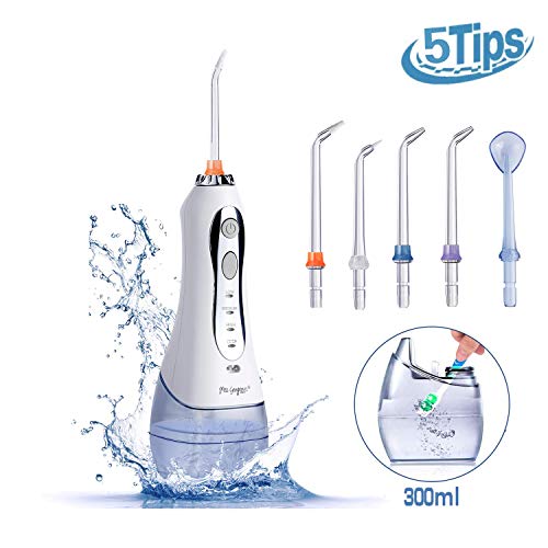 Hydropulseur Jet Dentaire, Miss Gorgeous London Portable Irrigateur Oral Rechargeable IPX7 Etanche Irrigateur Oral 300ml avec 3 Modes & 5 Buses Soin Dentaires et Nasal pour Voyage Maison