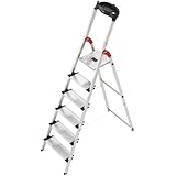 Hailo XXL - Escalera doméstica de aluminio, peldaños extra anchos, bandeja multifuncional, gancho para cubo y pinza para cable (6 peldaños)