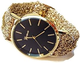 Black analog watch for women Elegant golden band hand crocheted wristwatch Wife anniversary gift
