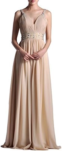 Natrual Straps Pleated Beaded V neck Chiffon Long A-line Prom Homecoming Dress -  Yellow -
