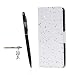 Produktbild Samsung Galaxy A7 ( 2017 ) Hülle, Samsung Galaxy A7 ( 2017 ) Schutzhülle, Alfort 3 in 1 Lederhülle Bling Glitter Fashion Design Premium PU Leder Hohe Qualität Tasche Case Cover Kasten Abdeckung Wallet für Samsung Galaxy A7 ( 2017 ) 5.7" Smartphone Funktion Standfunktion Unterstützte Telefone und Magnetverschluss ( Weiße Sterne ) + Alfort Schwarz Stylus Pen + Netter Staub Stecker