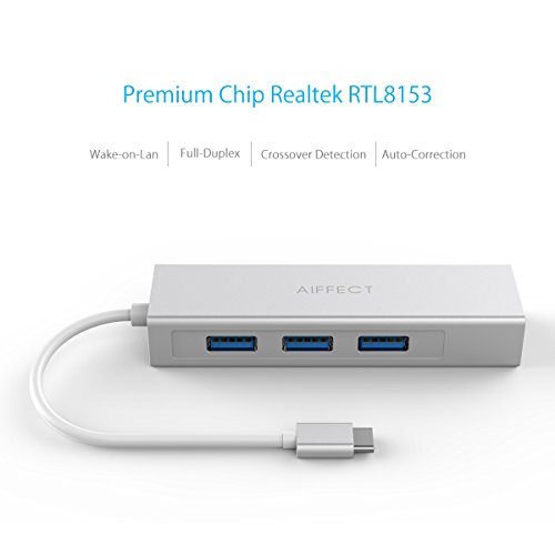 AIFFECT Aluminum USB-C To 3-Port USB 3.0 Hub with Ethernet Adapter For USB Type-C Devices Including The New MacBook 2016, ChromeBook Pixel And More – Silver - 4
