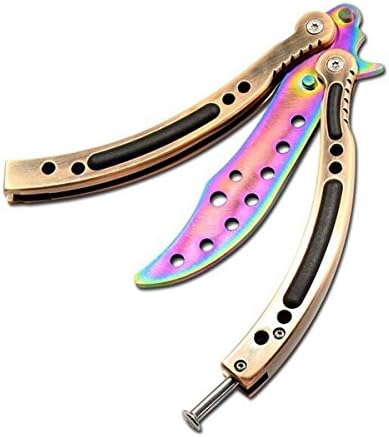 SchwartzPro Zone Folding Trainer Curved Stainless Steel Flip Trick Practice Tool with Holes CS/HDD14 (Rainbow knife - black copper handle)