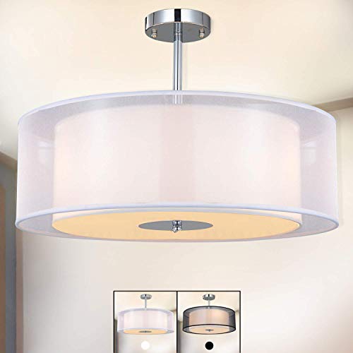 Preisvergleich Produktbild Deckenleuchte, SPARKSOR Stoff Deckenlampe, Weiß Rund Pendelleuchte für Wohnzimmer Schlafzimmer Küche Esszimmer, Durchmesser 50cm, Chrom matt, Warmweiss 3-flammig E27
