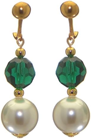 ALEXIA gold plated emerald green white faux pearl clip on earrings